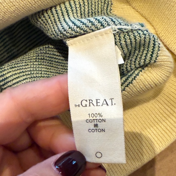 THE GREAT. Striped Knit Sweater in Cream and Green - Picture 3 of 5